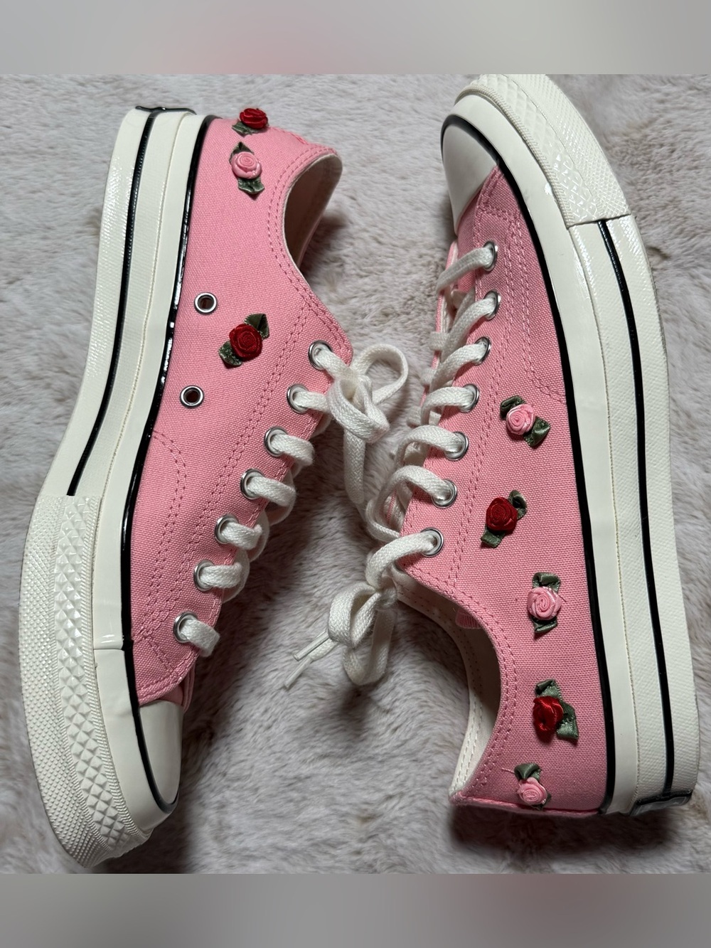 Converse Pink Low Top Sneakers with Red & Pink Rose Embroidery 11